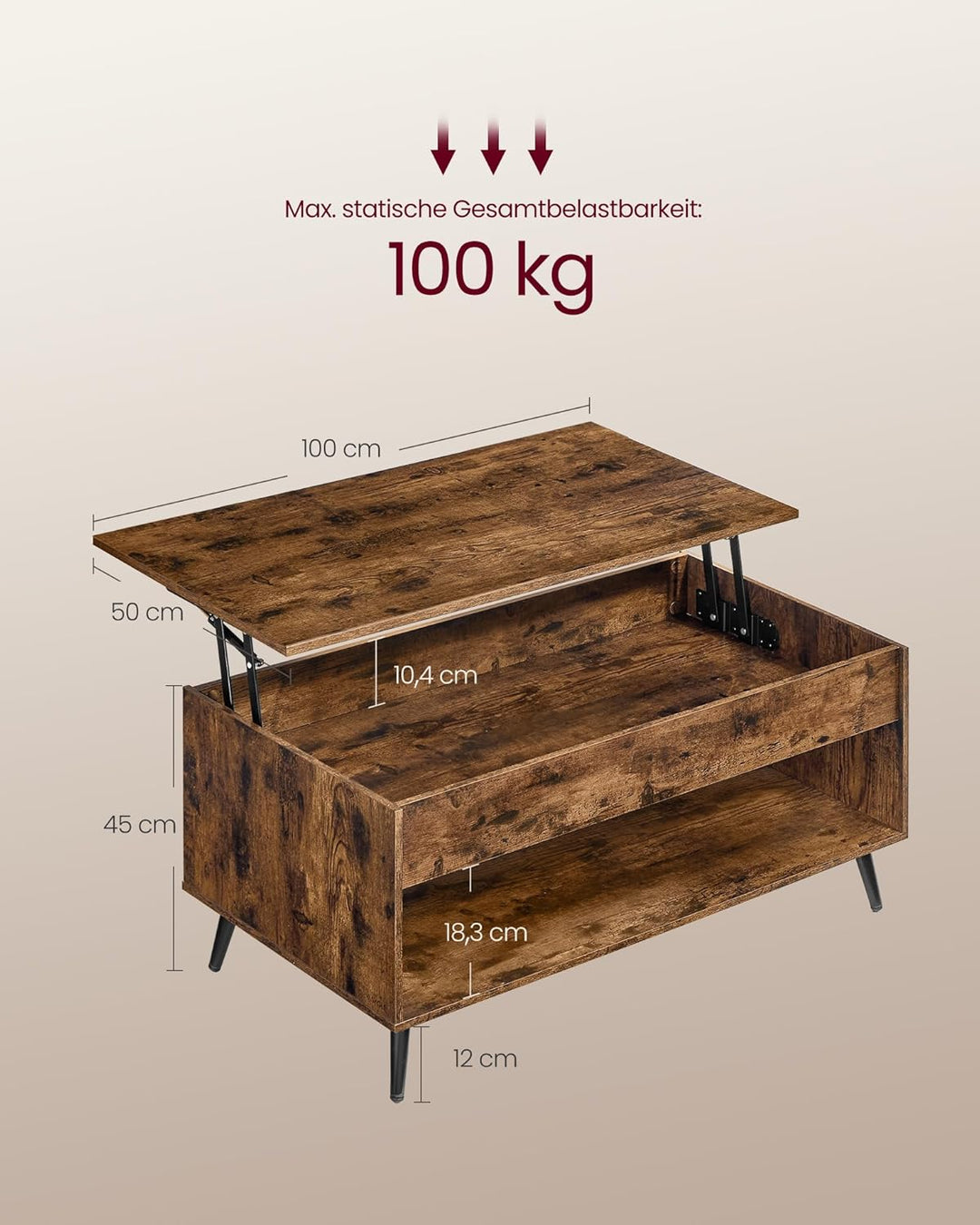 VASAGLE Couchtisch, höhenverstellbarer Wohnzimmertisch, Kaffeetisch, Gaszylinder, verstecktes Fach,