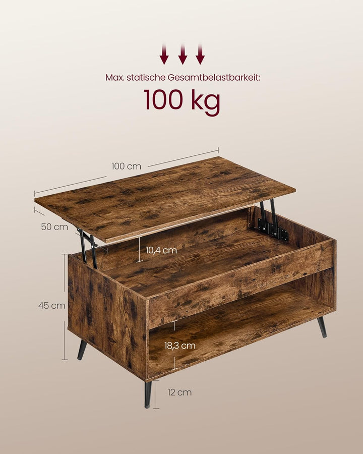 VASAGLE Couchtisch, höhenverstellbarer Wohnzimmertisch, Kaffeetisch, Gaszylinder, verstecktes Fach,