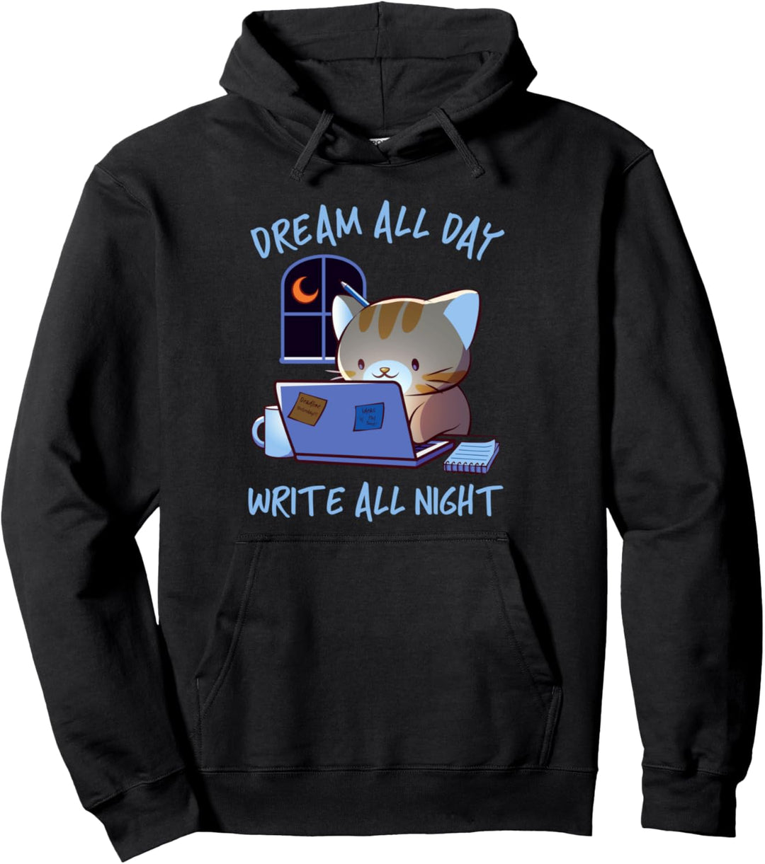 Nettes Katzenschreiben bei Nacht Kawaii Schriftsteller Pullover Hoodie