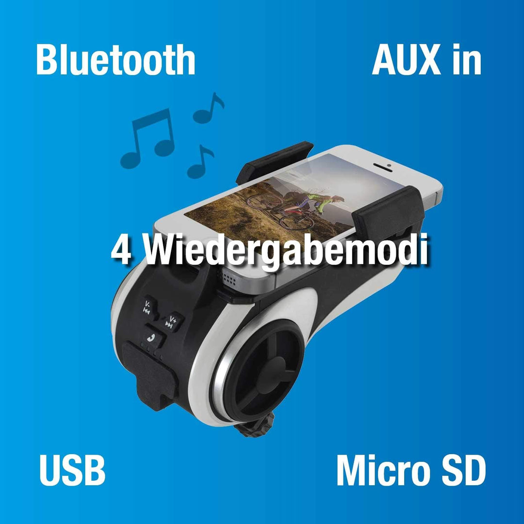 FISCHER Smartphone-Halter mit Musikbox und Powerbank für Fahrrad, Smartphone Halterung, Universal Ha