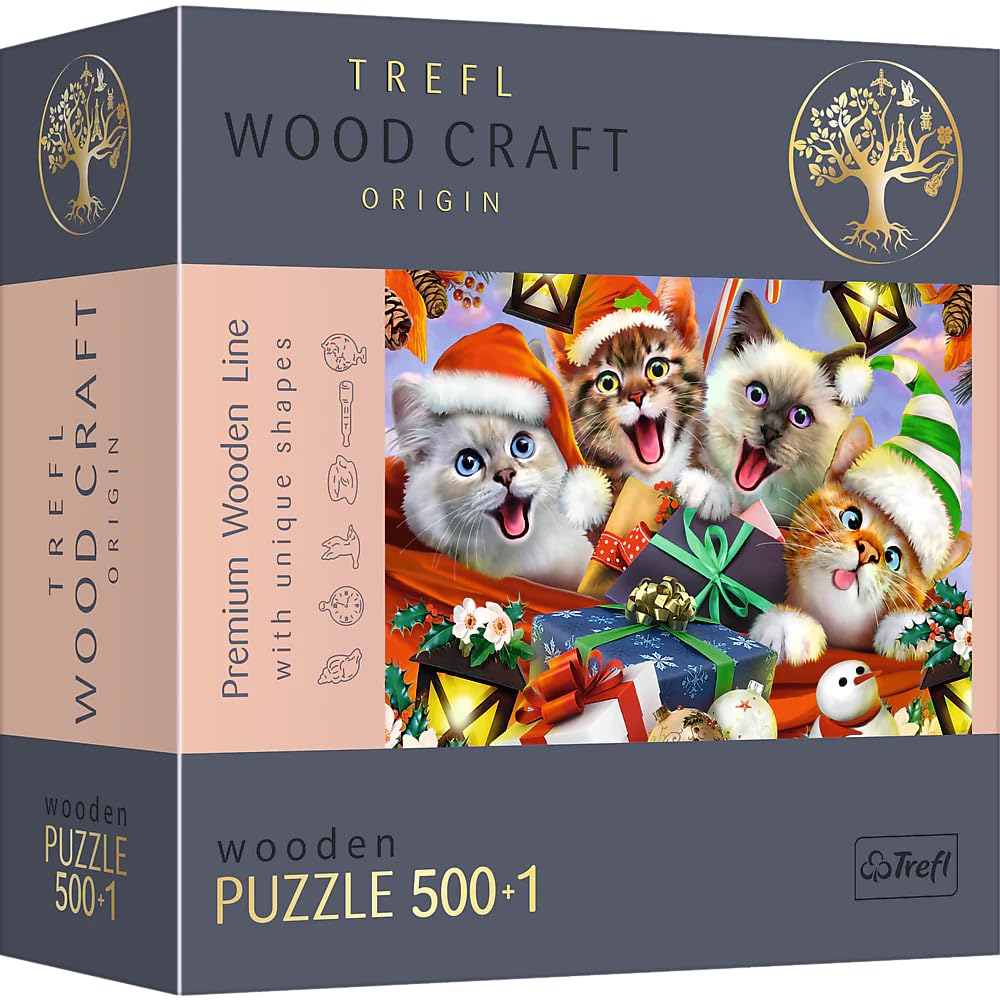 Trefl - Holzpuzzle: Weihnachtskätzchen - 500+1 Teile, Wood Craft, Holzbastelei, unregelmässige Forme