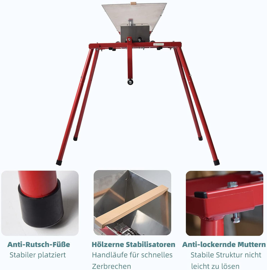SQUEEZE master 7L Obstmühle mit Ständer, Edelstahl Apfelpresse, 7 Liter Handmühle, Edelstahltrichter