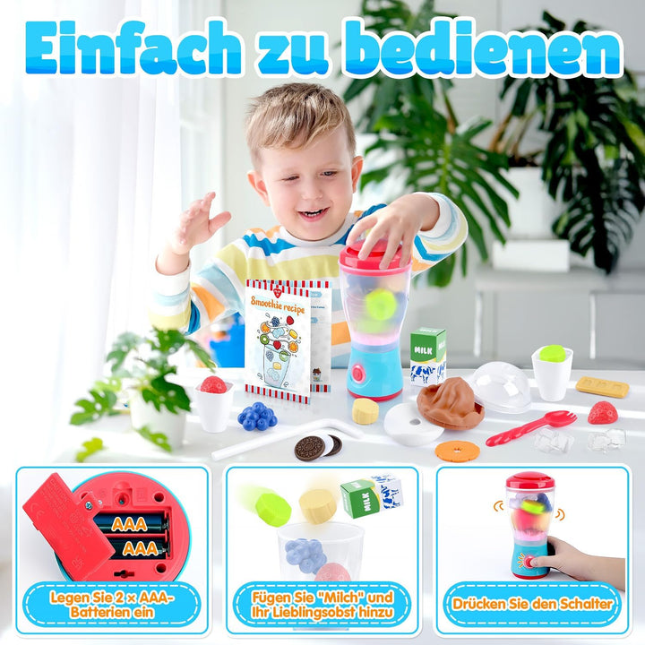 PLAY Smoothie Mixer für Kinder, Kinderküche Zubehör Set mit Mixer, Lebensmittel Spielzeug, Realistis