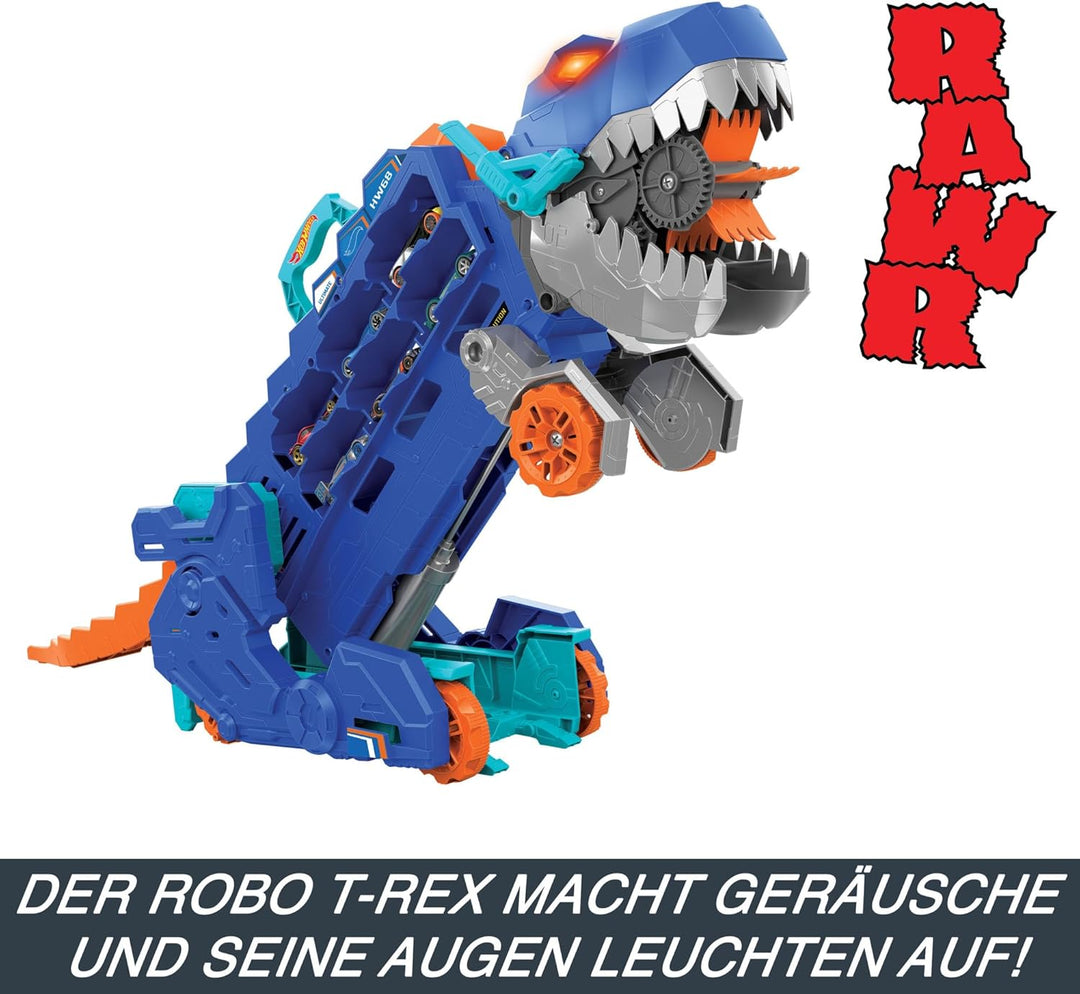 Hot Wheels 2:1 Transporter zu T-Rex mit inkl. Autorennbahn, mit Beleuchtung und Geräuschen, inkl. 2