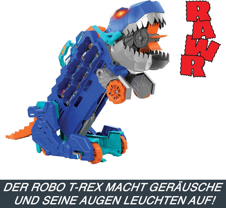 Hot Wheels 2:1 Transporter zu T-Rex mit inkl. Autorennbahn, mit Beleuchtung und Geräuschen, inkl. 2