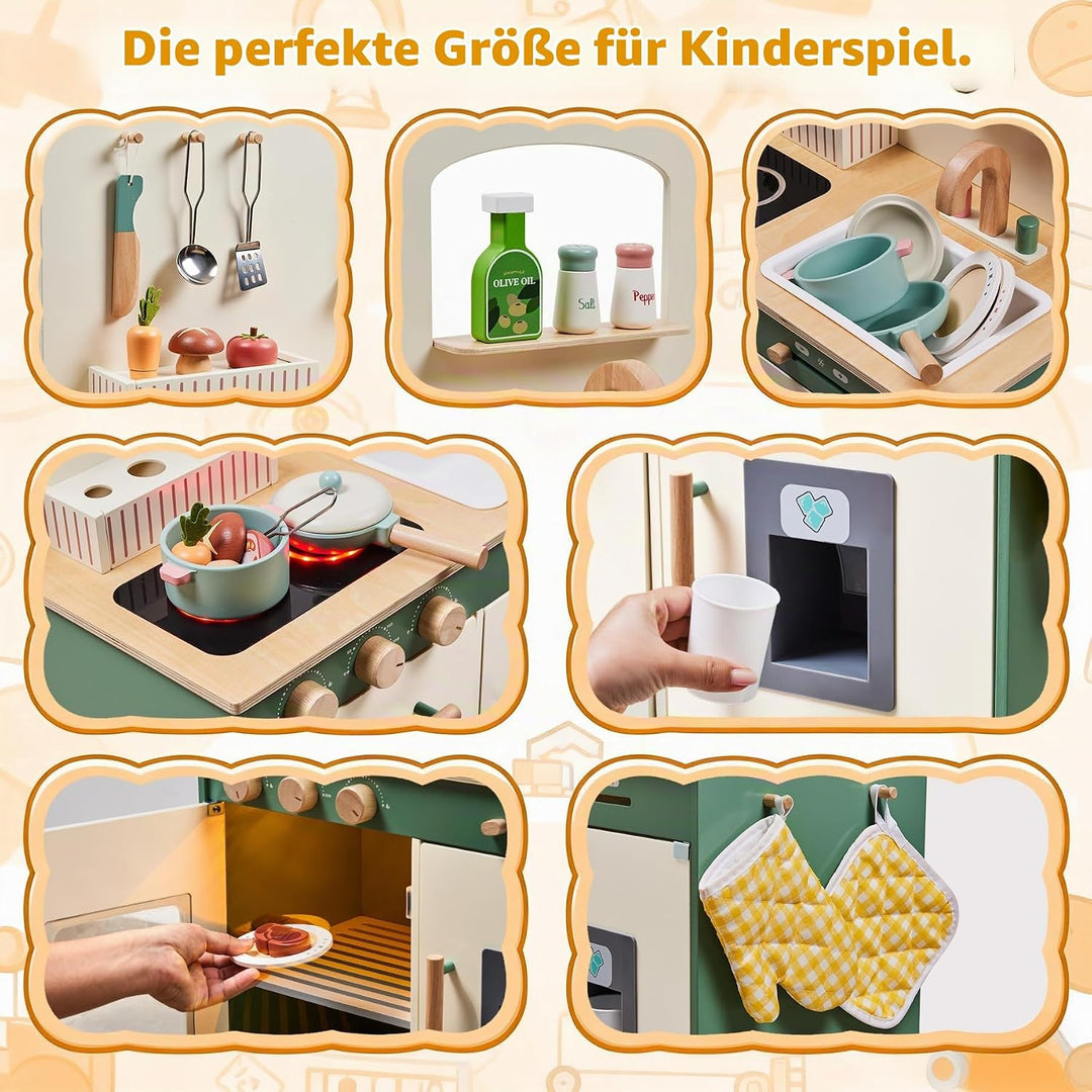 TOYWOO Kinderküche Holz mit Licht &amp; Sound, Spielküche für Kinder ab 3 Jahren mit Schneidelebensmitte