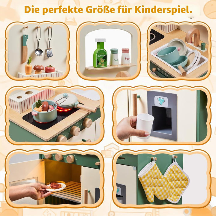 TOYWOO Kinderküche Holz mit Licht &amp; Sound, Spielküche für Kinder ab 3 Jahren mit Schneidelebensmitte