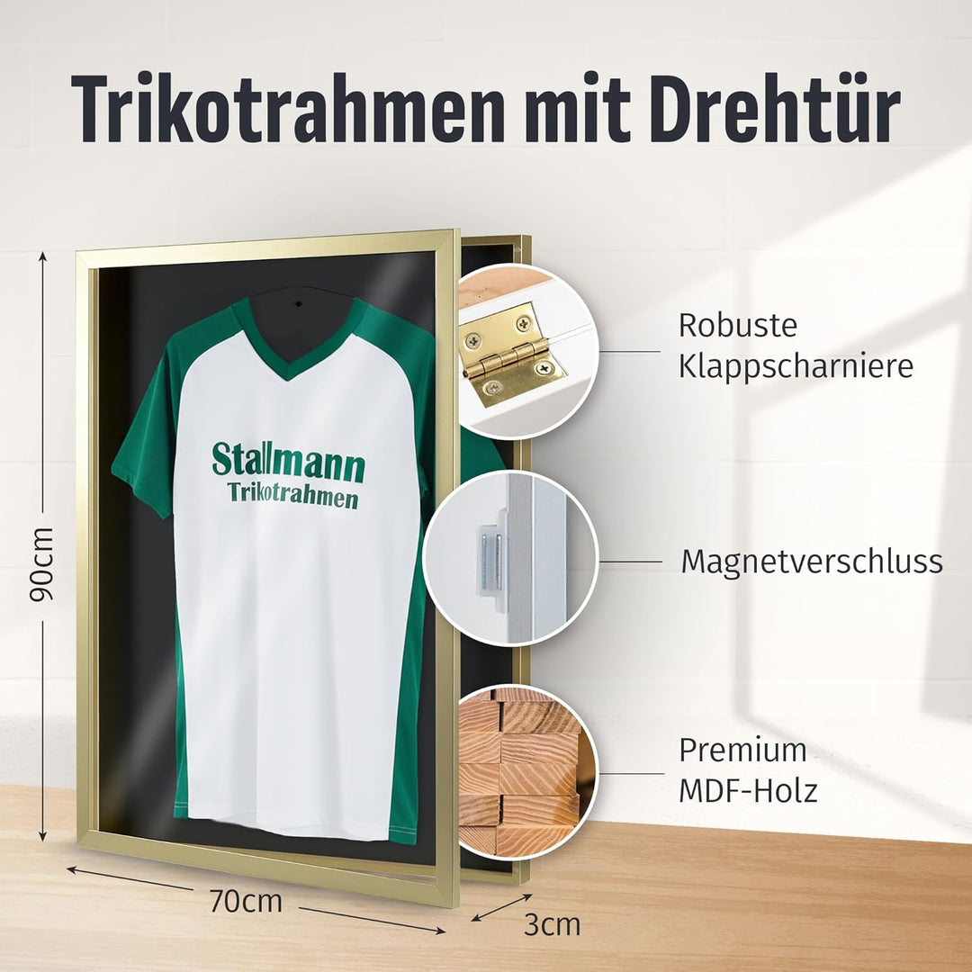 Trikotrahmen 'Easy Click & Fill' mit Tür | Rahmen-Farbe: Gold | Hintergrund: Schwarz | Grösse: 70 x