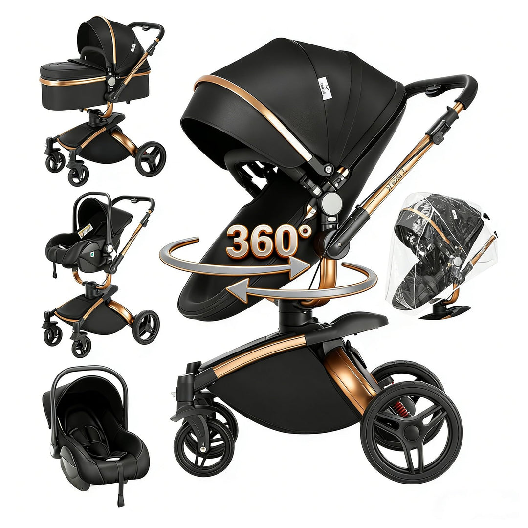Magic ZC 360° Drehbarer PU-Leder Kinderwagen 3 in 1, Kinderwagen Set Umkehrbarem Doppelschiebemodus,