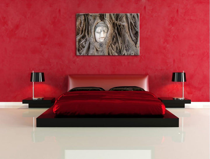 Buddha Kopf verwachsen im Baum Format: 100x70 auf Leinwand, XXL riesige Bilder fertig gerahmt mit Ke
