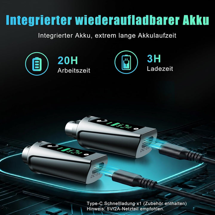 Aveek Kabelloses XLR-Sender/Empfänger für dynamisches Mikro,60 m Reichweite |, Empfänger +1 Sender