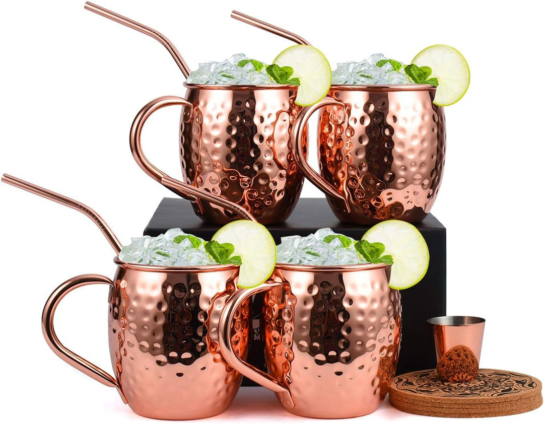 Eligara Moscow Mule Becher Kupferbecher Gehämmert und Handgefertigt Kupfertassen mit 4 Gläsern, 4 Un