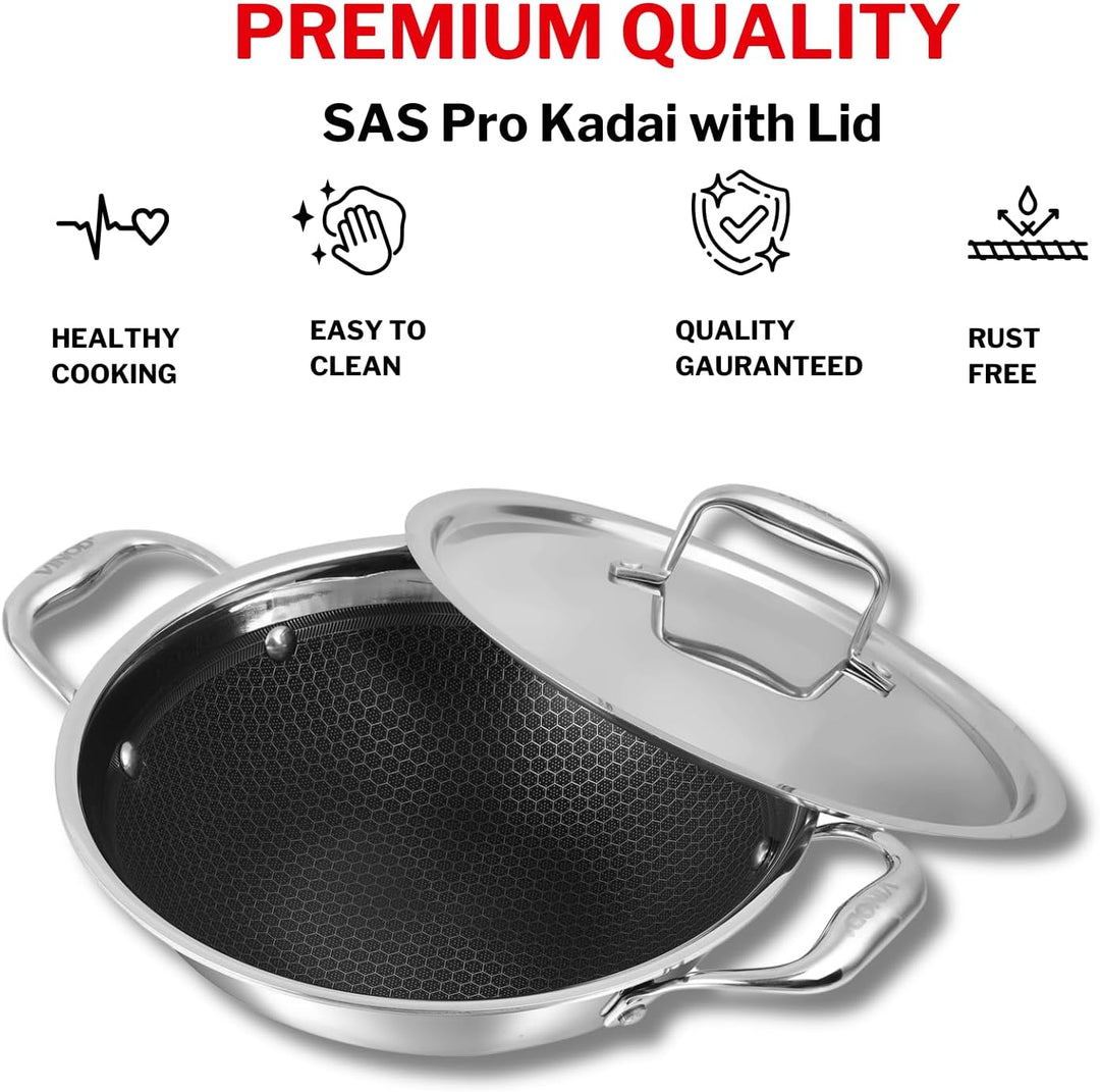 Vinod SAS Pro Platinum Triply Stainless Steel Kadai - 22 cm, 1,8 L | HexaShield Design Stick-resista