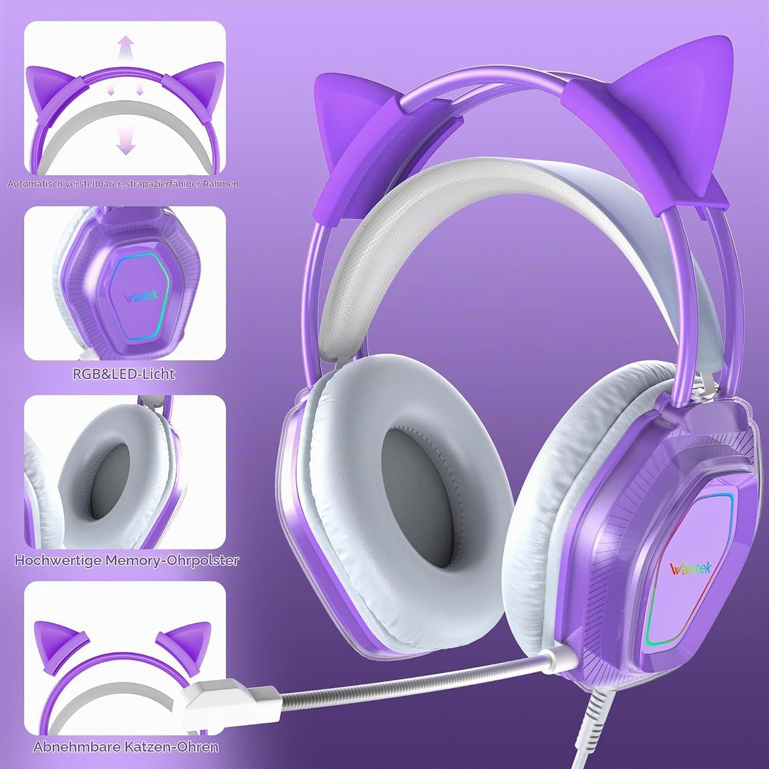 Wantak Katzenohr Kopfhörer mit Mikrofon – Kabel (3,5mm/USB) – Gaming Headset für PC/PS5/Xbox – Noise