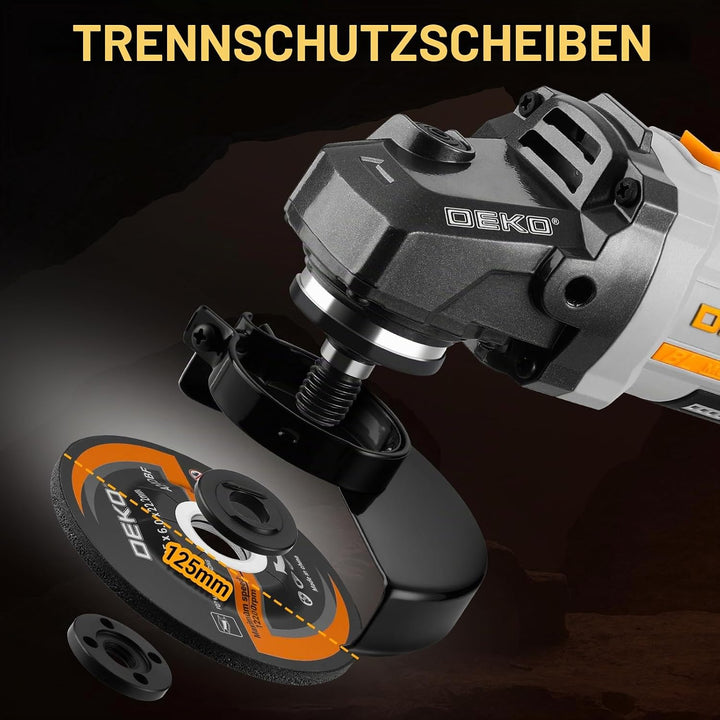 Akku-Winkelschleifer 20V Ø 125mm: DEKOPRO Schleifer mit 4.0Ah Akku, bürstenloser Motor, 8500RPM – in