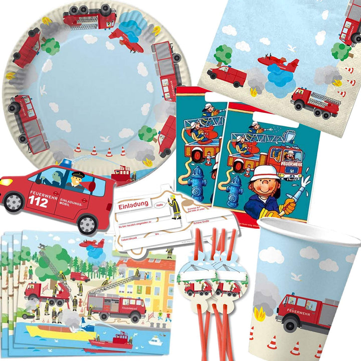 100-tlg. FEUERWEHR PARTY SET für Kindergeburtstag mit 6-8 Kinder: Teller, Becher, Servietten, Einlad