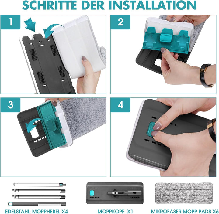 Masthome Wischmopp und Eimer Set, Flacher Bodenwischer mit 6 Mikrofaser-Wischpads und 148 cm Edelsta