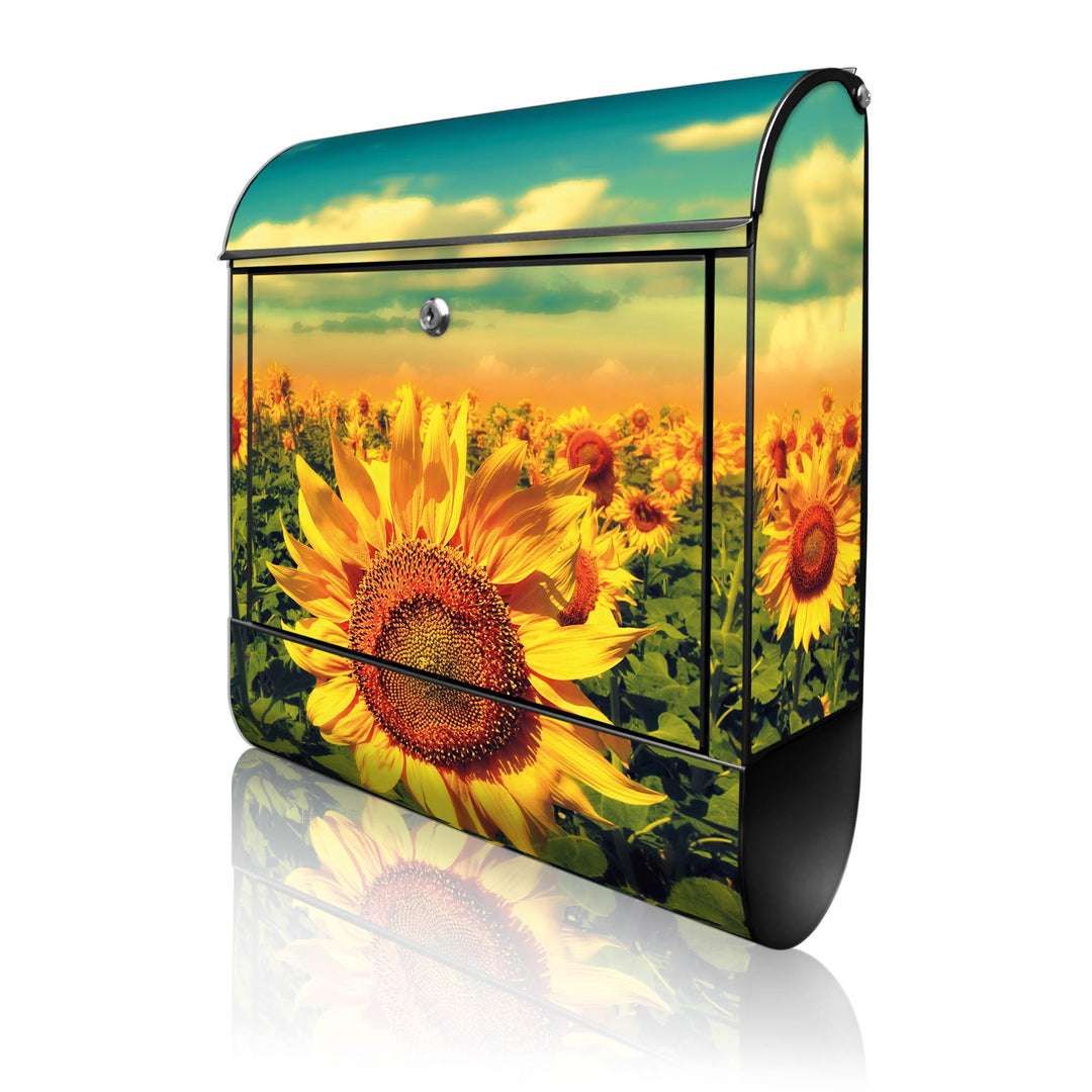 banjado® Design Briefkasten mit Motiv Sonnenblumen 39x47x14cm &amp; 2 Schlüssel - Briefkasten Stahl schw