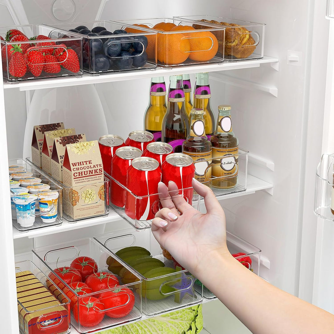 FINEW Kühlschrank Organizer 12er Set (4 Klein, 4 Mittel, 4 Gross), Stapelbar Kühlschrank Behälter, D