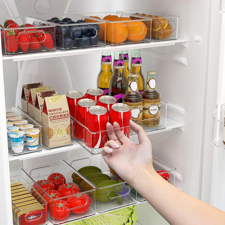FINEW Kühlschrank Organizer 12er Set (4 Klein, 4 Mittel, 4 Gross), Stapelbar Kühlschrank Behälter, D