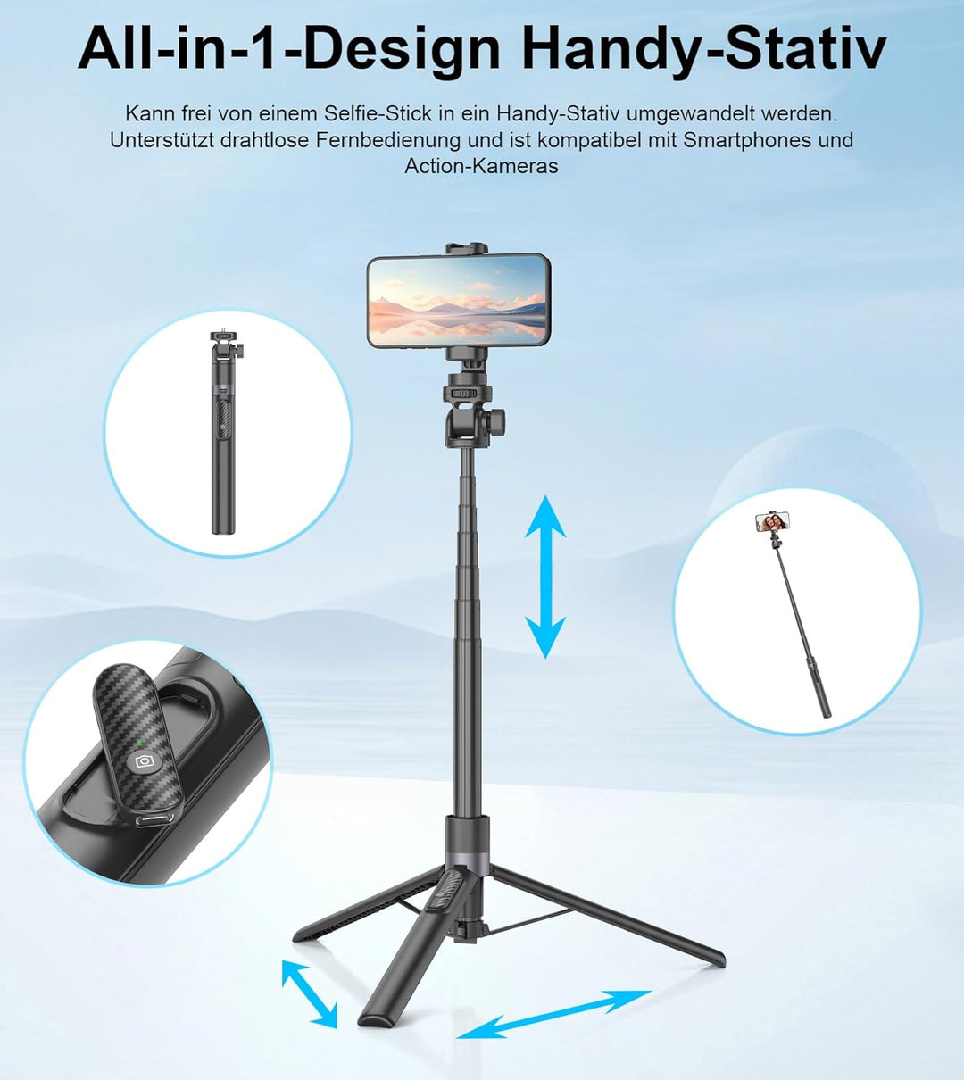 Gahenwo 173cm Selfie Stick Stativ, Einbeinstativ Tripod für Action-Kamera, All-in-1 Handy Stativ mit