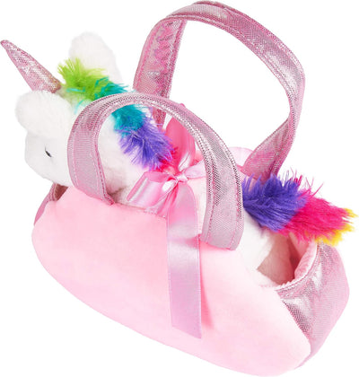 BRUBAKER Einhorn Tasche Regenbogen - 20 cm - Plüschtier in Handtasche - Plüsch Stofftier Kuscheltier