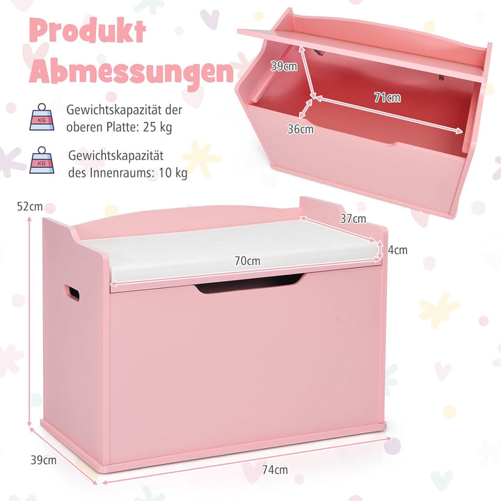 DREAMADE Spielzeugkiste mit Deckel, Kinderbank mit Kissen, Spielzeugtruhe Kindertruhe, Aufbewahrungs