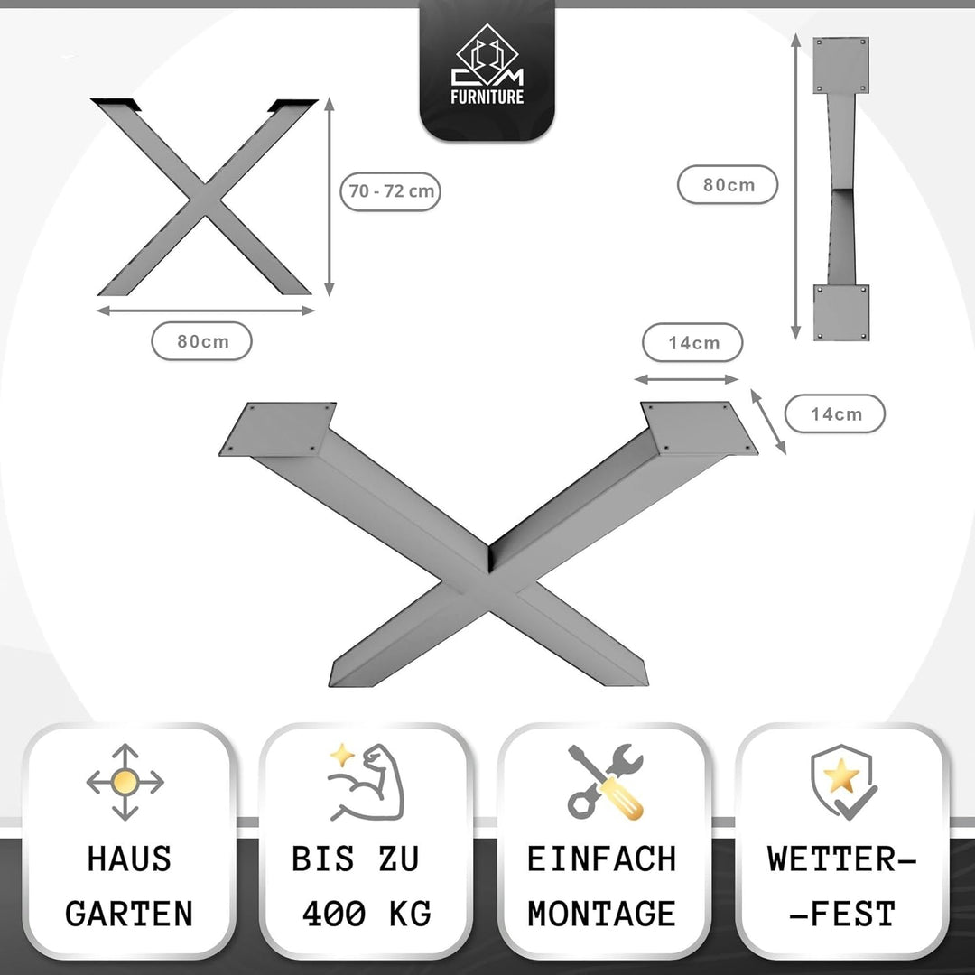 CM Furniture - Tischbeine Metall anthrazit - 2 Stück X Form, rostfrei & modern - Tischgestell Masse
