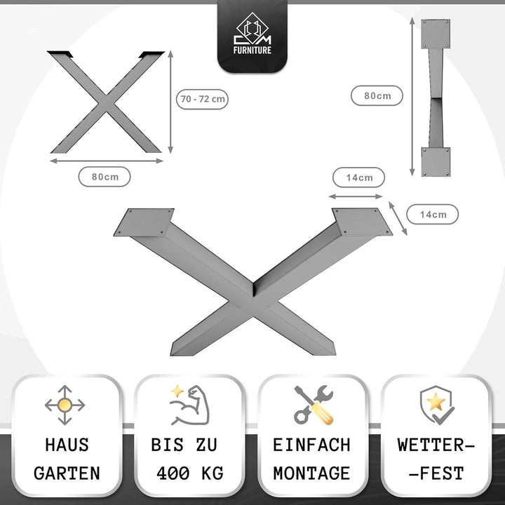 CM Furniture - Tischbeine Metall anthrazit - 2 Stück X Form, rostfrei & modern - Tischgestell Masse