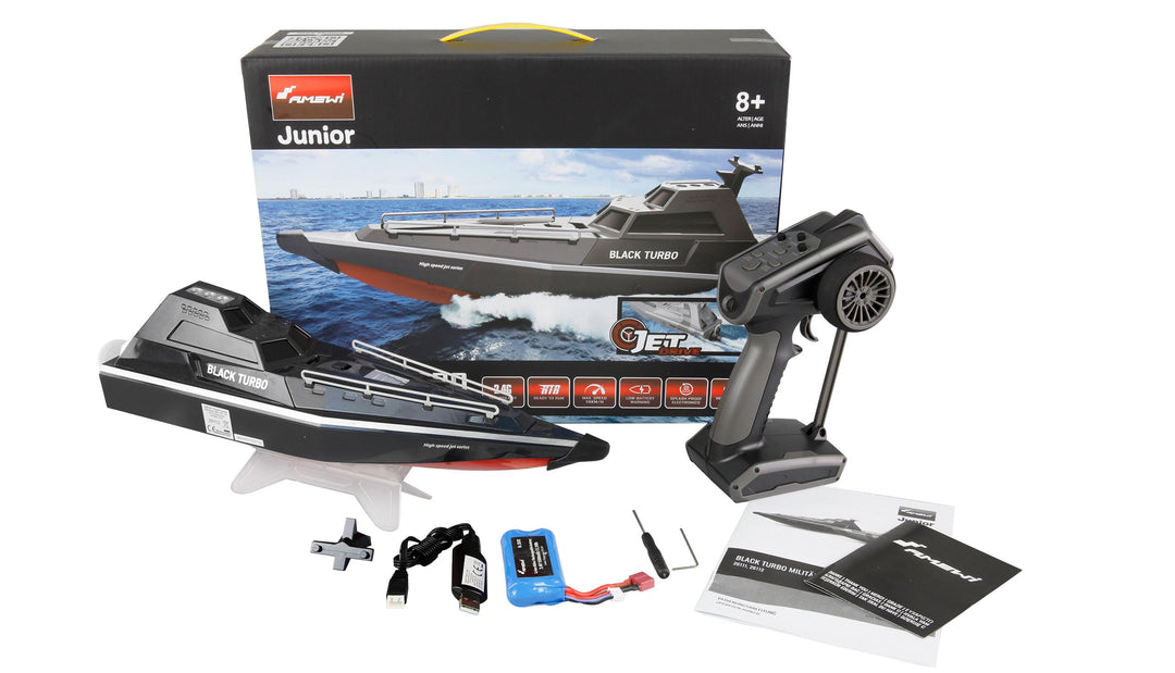 Amewi Black Turbo Militärboot mit Jetantrieb 28km/h 420mm RTR schwarz, Schwarz