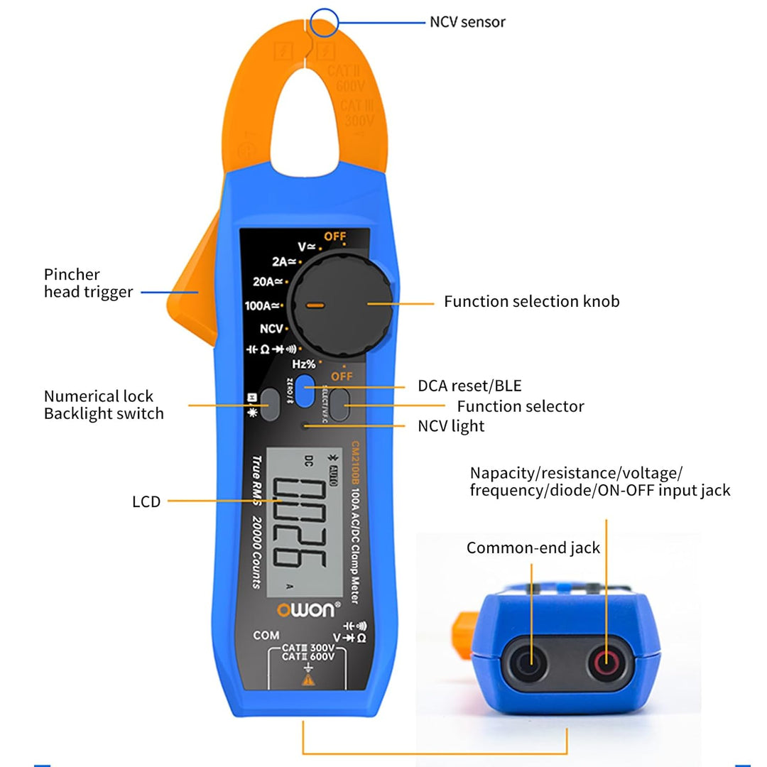OWON CM2100B Bluetooth Mini Digital Klemme Meter 100A AC DC Aktuell Stromspannung Echter RMS Zange A