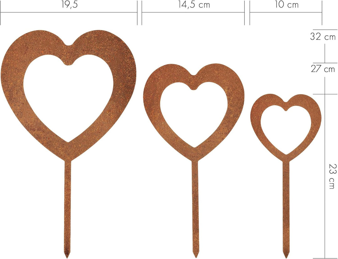 EXTRAVAGANT® 3er Set Herzen Stecker gross Gartendekoration Wohnungsdeko Metall Stahl Rost Edelrost w