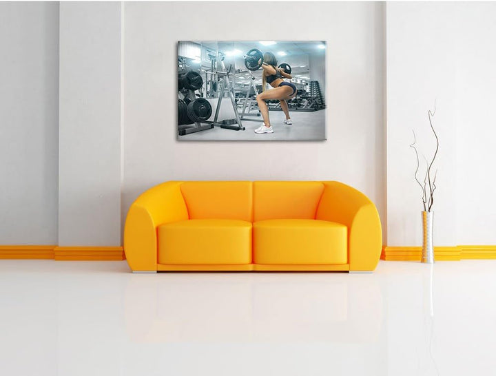 Pixxprint Sportliche Frau mit Hantelstange als Leinwandbild/Grösse: 100x70 / Wandbild/Kunstdruck/fer