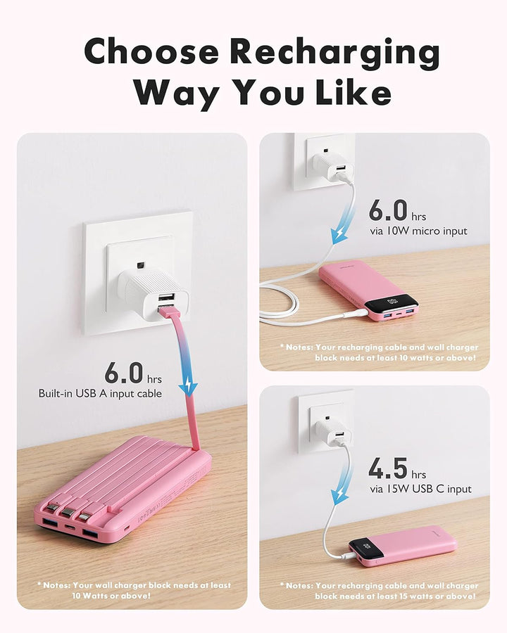 Charmast Powerbank 10000mAh Externer Akku USB C Power Bank mit 4 integriertes Ladekabel Tragbares La