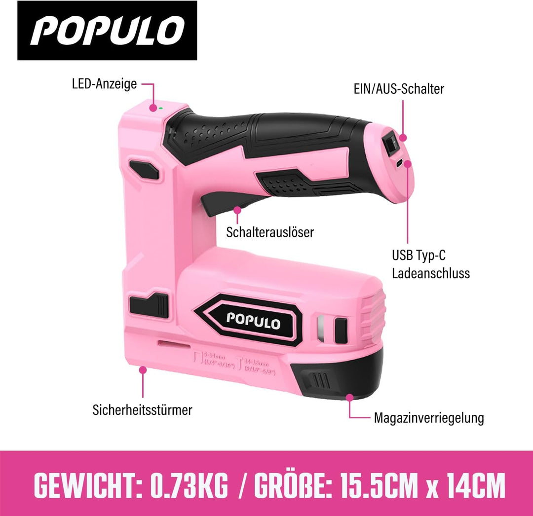 POPULO Akku Tacker, 2-in-1 Lithium-Ionen-Heftgerät, 4V Nagelgerät Set Mit Ladekabel, 2600 Heftklamme