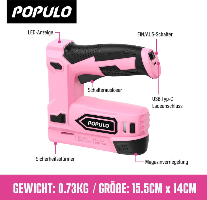 POPULO Akku Tacker, 2-in-1 Lithium-Ionen-Heftgerät, 4V Nagelgerät Set Mit Ladekabel, 2600 Heftklamme