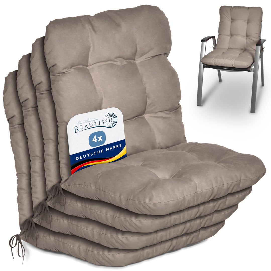 Beautissu 4er Set Niedriglehner Auflagen Set Stuhlauflage für Gartenstühle | 100x50x8cm Taupe Sitzki