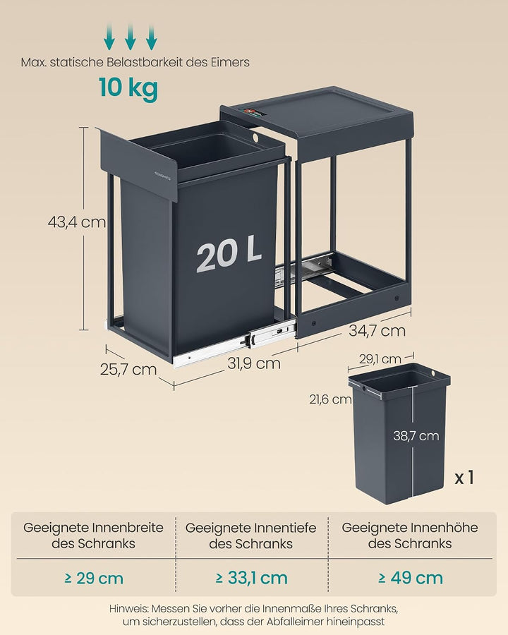 SONGMICS Mülleimer Küche, ausziehbar, Stahlrahmen, ABS-Deckel grau 1 x 20 L, grau 1 x 20 L