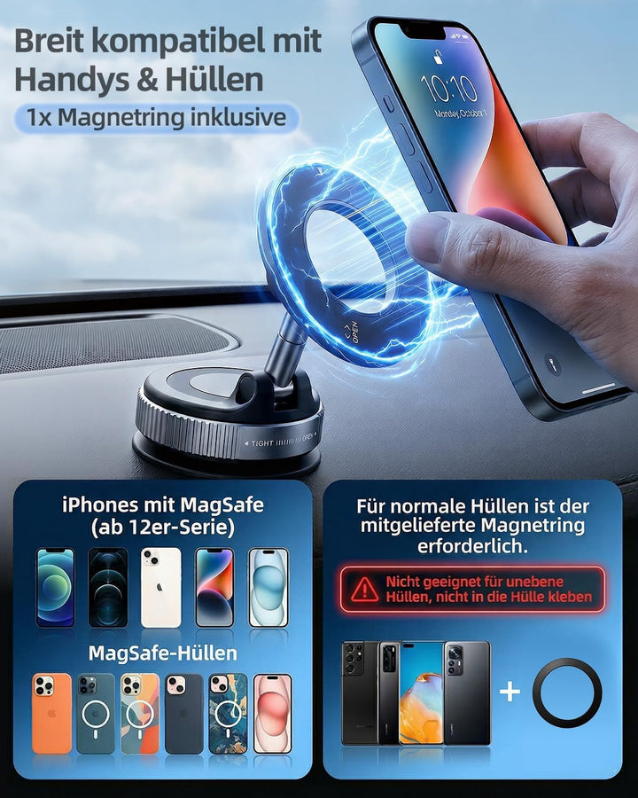 Handyhalterung Auto Magnet für Magsafe Autohalterung mit Vakuum Saugnapf N55 Magneten 360° Drehbar,