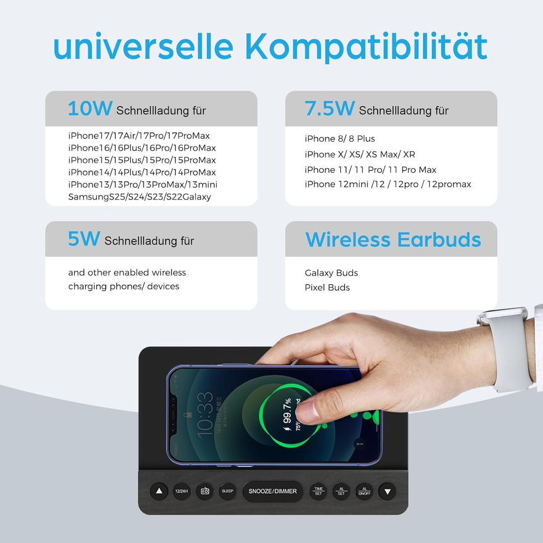 ANJANK Radio wecker Digital mit kabelloses Laden,10W Fast Wireless Charger for iPhone/Android Phone,