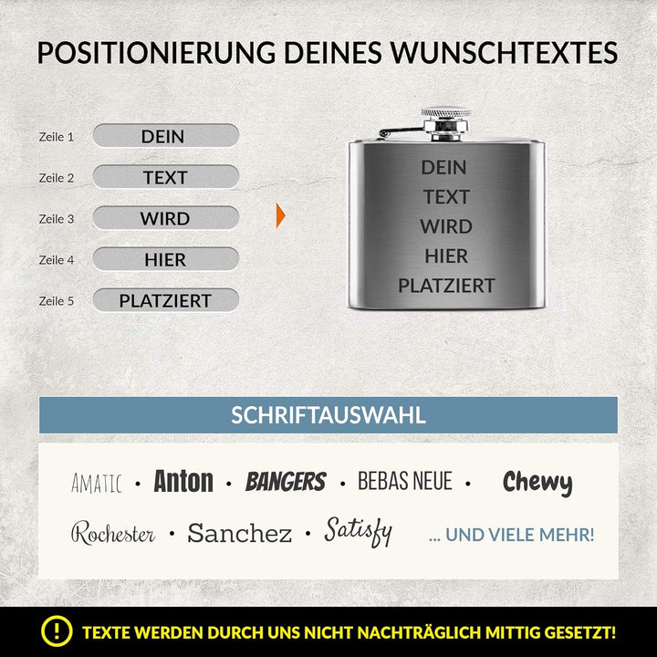 Flachmann mit Gravur aus Edelstahl selbst gestalten - mit Wunschtext gravieren - Geschenkidee für Fr