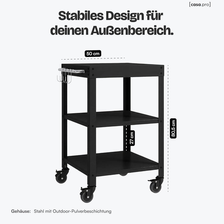 casa.pro Outdoor Servierwagen Bolognano Garten Rollwagen Stahl 81 x 50 x 50 cm Grillwagen mit 4 Hake