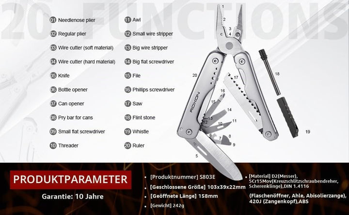 ROXON S803E Elite - Update D2 Messer Multitool Zange mit 20 Funktionen Survival EDC Tool mit Flint R