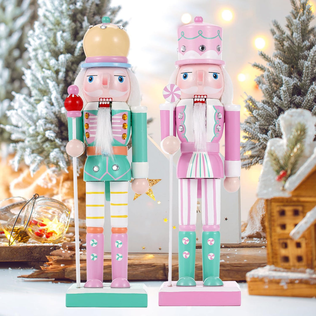 VorFor 2-Piece Set Nussknacker Figur,25CM Nussknacker Weihnachten Decoration,Solid Wood Crafts Deko