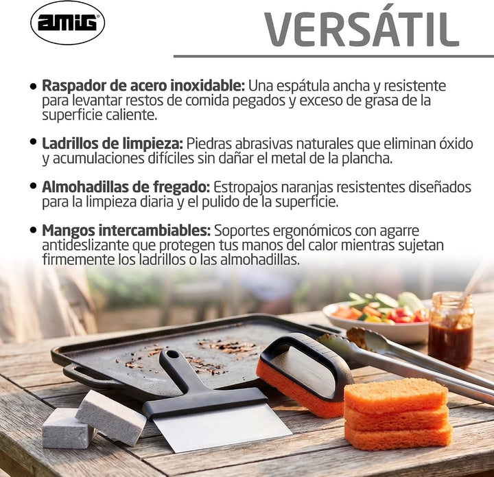 Amig - Kit 8 Reinigungszubehör für Grill AM22 - Schaber 23 cm + 3 Polyester-Schwämme + 1 PP-Schwamm