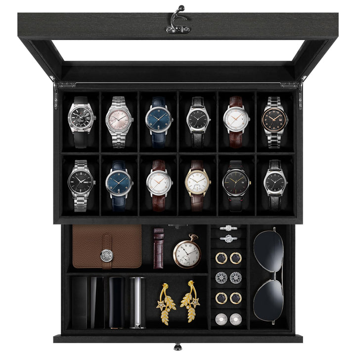 Uten Uhrenbox mit 12 Fächern, 2 Ebenen Uhrenkasten aus Massivholz mit Glasdeckel, Uhrenkissen Seiden