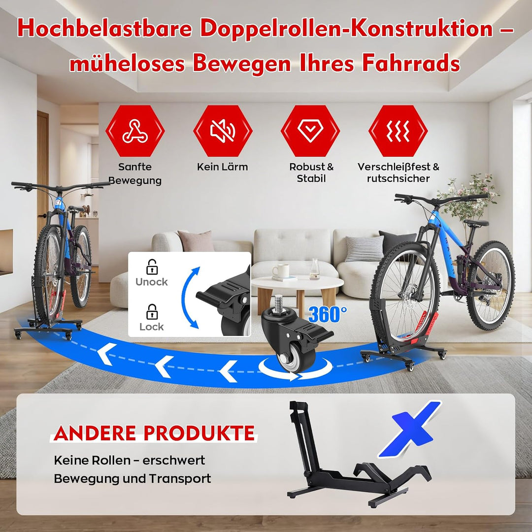 Tragbarer Fahrradständer Boden mit Rädern, Geeignet für 24"–29" Fahrräder, Reifenbreite bis zu 3,5",