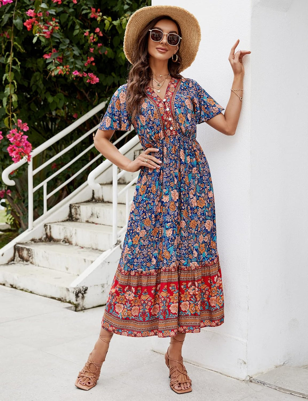 Clearlove Damen Sommerkleid Boho Kurzarm Midi Kleider V-Ausschnitt Strandkleid lang Blumenkleid Rüsc