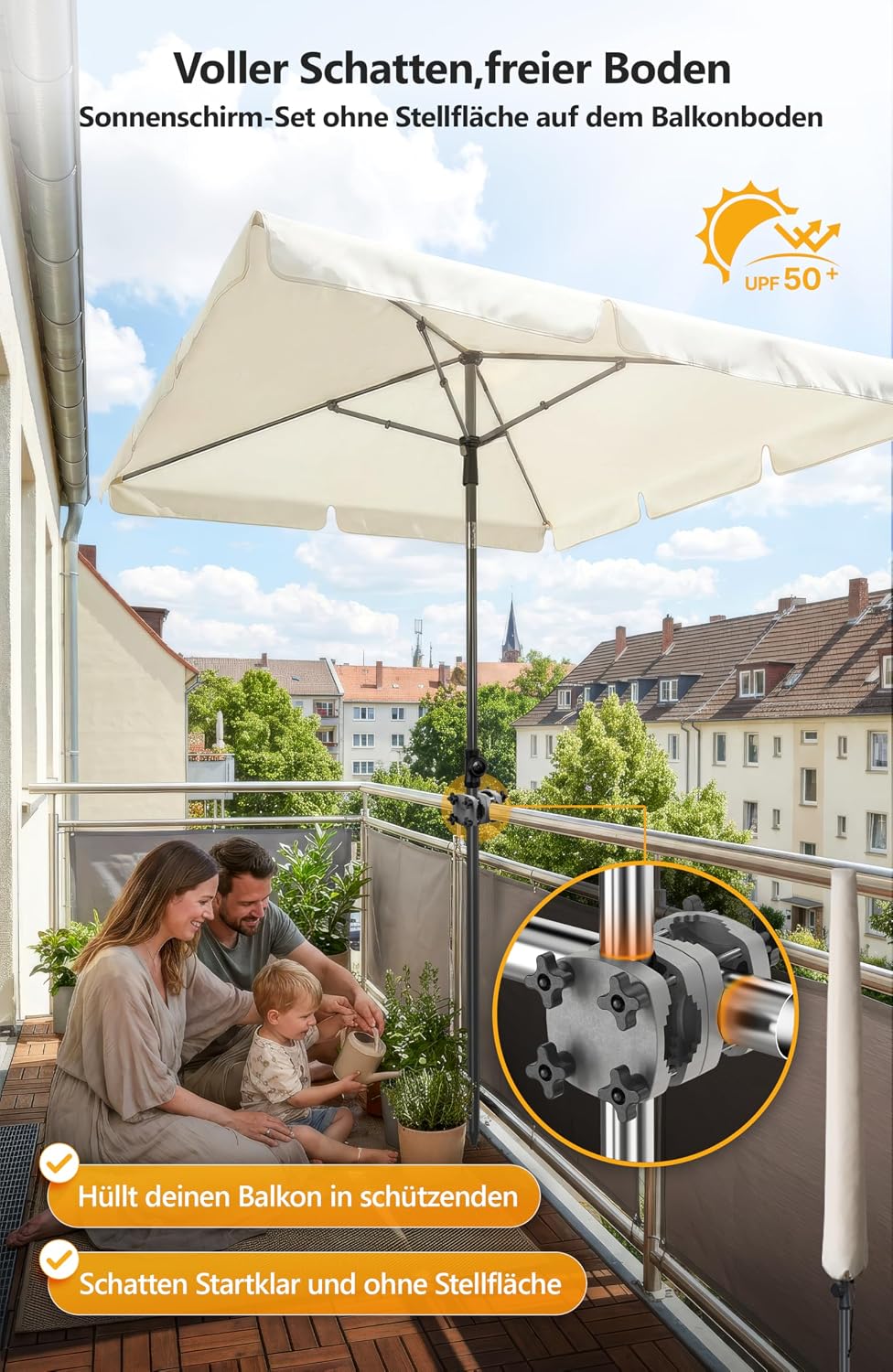 4smile Sonnenschirm Balkon im Set – Sonnenschirm rechteckig 210×140 cm, UV 50+ Sonnenschutz Balkon,