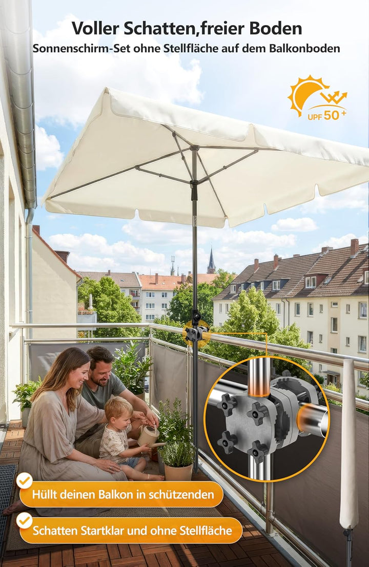 4smile Sonnenschirm Balkon im Set – Sonnenschirm rechteckig 210×140 cm, UV 50+ Sonnenschutz Balkon,